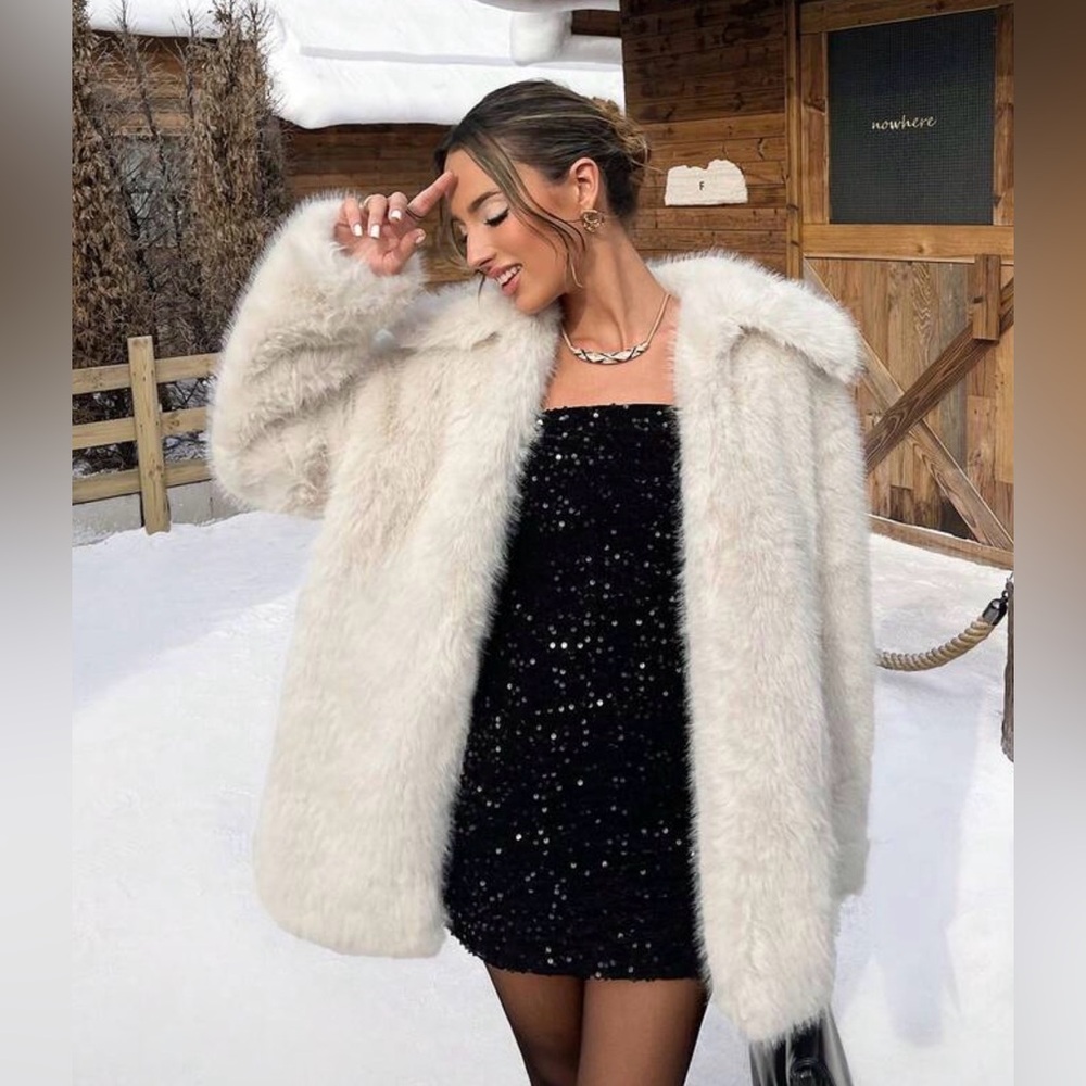 Elegant White Faux Fur Coat Long Sleeve Faux Fur Coat Lapel Long Outerwear